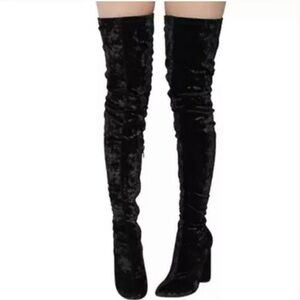 CAPE ROBBIN Paw-27 Thigh High Long Black Velour Crushed Velvet Boots Block Heels